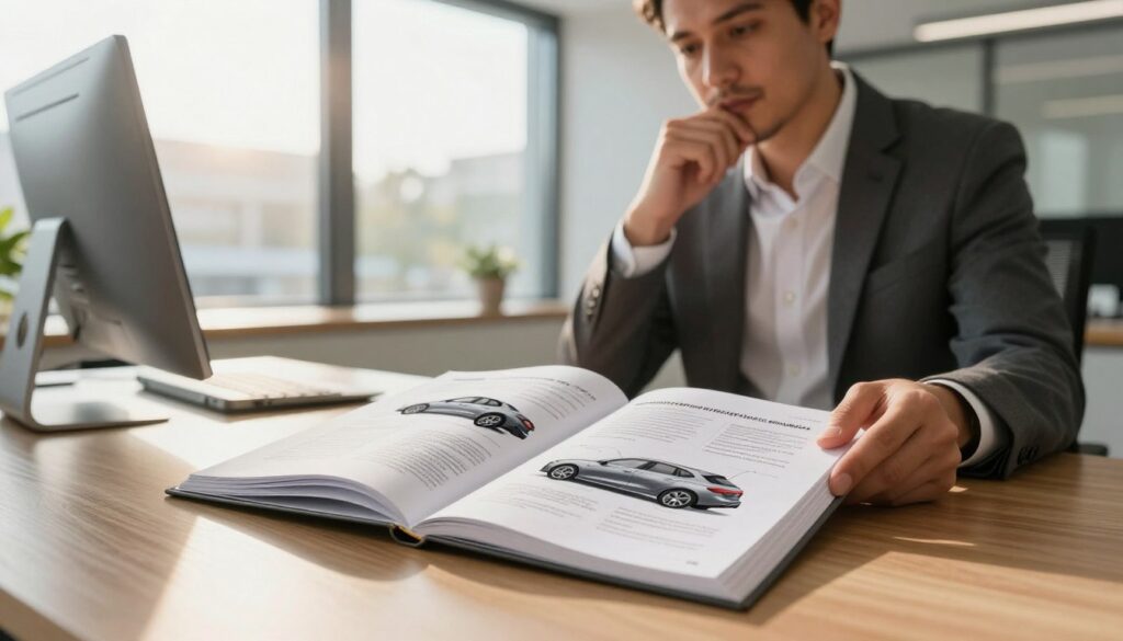 A modern, organized office setting with a sleek wooden desk in the foreground, displaying a detailed technical report on a German vehicle. The report is open, featuring diagrams and specifications, highlighting the importance of independent assessments for car buyers. In the middle ground, a thoughtful professional wearing business attire is examining the document, showcasing a deliberative expression. Behind them, a large window reveals a sunny day outside, symbolizing clarity and informed decisions. The lighting is warm and inviting, creating a productive atmosphere. Soft focus on the background while keeping the report and the person in focus draws attention to the concept of using expert assessments as tools for purchasing choices. The overall mood is one of confidence and professionalism.