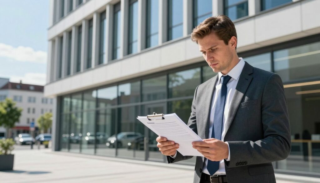 A professional Kasko Gutachter in Poland standing in front of a modern office building, wearing a smart business suit and holding a clipboard. The foreground features the person confidently assessing paperwork, focused on delivering expert opinions. In the middle ground, the sleek office environment is visible with large windows showcasing a bustling city street, hinting at the Kasko insurance services provided. The background features a clear blue sky, suggesting a bright, optimistic atmosphere. The lighting is natural, coming from the sunlit windows, casting soft shadows and enhancing the professional vibe. The overall mood conveys trust, expertise, and a commitment to quality service aimed at German drivers.