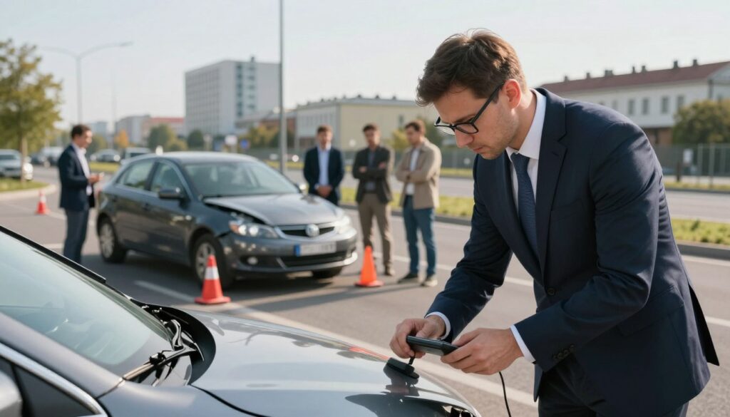 A professional damage assessment scene after a car accident. In the foreground, a well-dressed male insurance adjuster, wearing a suit and glasses, is inspecting the damaged vehicle with a handheld device. His focused expression conveys professionalism and expertise. In the middle ground, a slightly crumpled car is parked on the roadside surrounded by warning cones, with visible damage to the front and rear. Onlookers, dressed in business casual attire, stand nearby, observing the assessment. The background features an urban Polish landscape with tall buildings and a clear sky. Soft, natural lighting creates a calm atmosphere, with the sunlight casting gentle shadows. The angle of the image is slightly elevated, capturing the entire scene while emphasizing the meticulous process of damage evaluation. A professional damage assessment scene after a car accident. In the foreground, a well-dressed male insurance adjuster, wearing a suit and glasses, is inspecting the damaged vehicle with a handheld device. His focused expression conveys professionalism and expertise. In the middle ground, a slightly crumpled car is parked on the roadside surrounded by warning cones, with visible damage to the front and rear. Onlookers, dressed in business casual attire, stand nearby, observing the assessment. The background features an urban Polish landscape with tall buildings and a clear sky. Soft, natural lighting creates a calm atmosphere, with the sunlight casting gentle shadows. The angle of the image is slightly elevated, capturing the entire scene while emphasizing the meticulous process of damage evaluation.