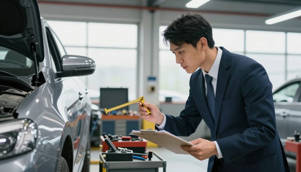 A professional insurance adjuster, wearing a smart business suit, inspects a damaged car in a well-lit auto repair shop. In the foreground, the adjuster closely examines the vehicle's dented side, holding a clipboard and a measuring tool, showcasing attention to detail. In the middle ground, various tools and equipment are neatly arranged, emphasizing a professional environment. The background features a bright workshop with large windows allowing natural light to flood in, highlighting the seriousness of the task. The mood is focused and industrious, reflecting the collaboration between asset management and insurance processes. The lighting is soft and even, creating an atmosphere of professionalism and diligence. The angle captures both the adjuster's concentration and the vehicle's damage effectively, ensuring clarity of the insurance assessment context.