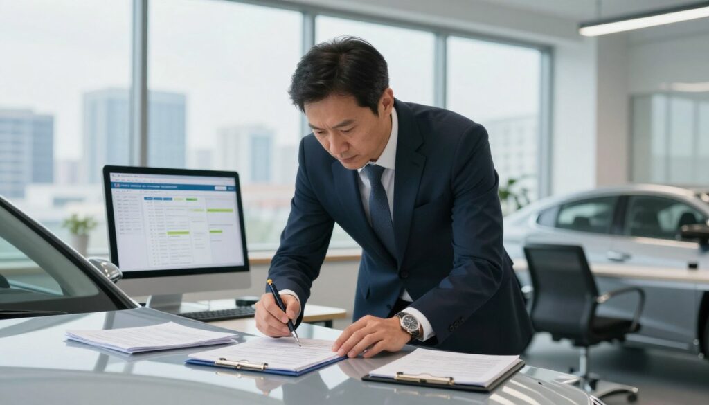 A professional insurance appraiser examining a car in a well-lit, modern office setting, surrounded by automotive documents and a computer displaying detailed analysis. The appraiser, a middle-aged male wearing a smart business suit, is focused intently on the car's bodywork, utilizing specialized tools like a measuring device and a notepad. In the background, a large window shows a clear view of a city skyline, adding a sense of urban professionalism. The lighting is bright and natural, creating a clean, organized atmosphere that conveys trust and expertise. The overall mood is serious and analytical, perfectly fitting the theme of legal advice for German drivers in Poland.