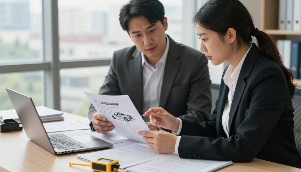 A professional office environment featuring two German insurance experts reviewing a car damage report. In the foreground, a neatly arranged desk with a laptop, stacks of documents, and a measuring device for car damage assessment. In the middle ground, the two experts, a man and a woman, dressed in business attire, engaged in a focused discussion while examining a detailed technical report with diagrams. The background shows a large window revealing a cityscape, with a soft, natural light illuminating the room, creating a warm and collaborative atmosphere. The angle is slightly overhead, capturing both the experts' expressions and the detailed paperwork, conveying a sense of professionalism and diligence in the insurance and claims process.