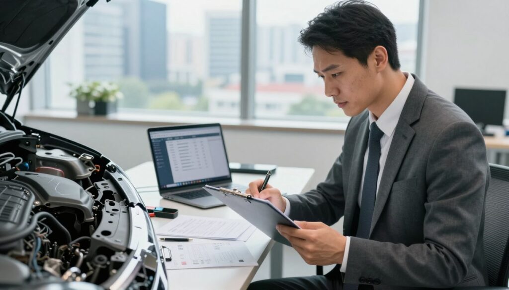 A professional scene depicting a car assessment in a polished office setting. In the foreground, a focused automotive expert in business attire holds a clipboard, analyzing car damage details on a sleek vehicle with visible scratches and dents. In the middle, an illuminated workspace filled with technical documents, tools, and a laptop displaying assessment software. The background features a large window overlooking a vibrant cityscape, allowing natural light to flood the room, enhancing the atmosphere of professionalism and trust. The mood is one of reassurance and expertise, emphasizing the benefits of thorough automotive assessment for drivers. The image should be captured with a slight depth of field to highlight the expert's serious expression while softly blurring the background, creating an engaging visual focus.
