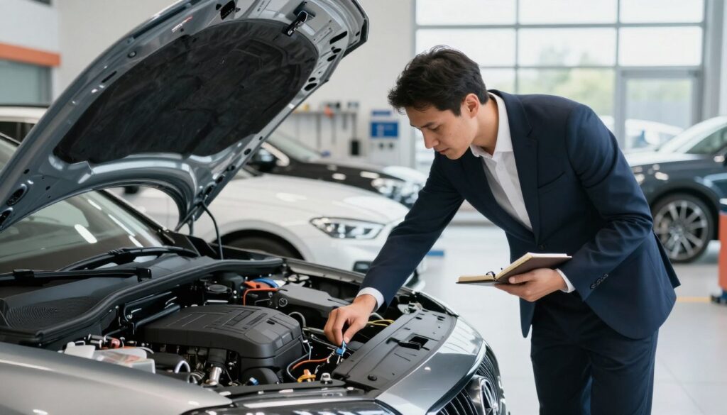 A professional scene depicting an independent automotive expert inspecting a German vehicle, focusing on the details of a sleek modern car, such as its distinctive lines and features. In the foreground, the expert, dressed in a smart business attire, is examining under the hood with concentrated attention, using tools and a notebook to take notes. The middle ground features a series of German vehicles parked in an organized manner, showcasing their impressive design. The background includes a clean automotive workshop, with tools hanging neatly on the walls and bright, natural light streaming through large windows, creating an atmosphere of professionalism and reliability. The composition should convey a sense of trust and thoroughness in vehicle assessment.