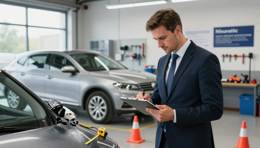 A professional setting depicting a German car insurance assessment in Poland. In the foreground, a focused German insurance adjuster, dressed in smart business attire, examines a vehicle with noticeable damage, using a clipboard and digital tablet for notes. In the middle, a parked car with visible dents and scratches surrounded by work tools like a measuring tape and reflective cones. The background features a clean automotive repair shop with bright overhead lighting, showcasing repair tools and posters about insurance claims. The mood is serious and focused, reflecting careful observation and assessment of legal aspects in car insurance within Poland. Soft, natural daylight filters in through large windows to enhance clarity and professionalism. A professional setting depicting a German car insurance assessment in Poland. In the foreground, a focused German insurance adjuster, dressed in smart business attire, examines a vehicle with noticeable damage, using a clipboard and digital tablet for notes. In the middle, a parked car with visible dents and scratches surrounded by work tools like a measuring tape and reflective cones. The background features a clean automotive repair shop with bright overhead lighting, showcasing repair tools and posters about insurance claims. The mood is serious and focused, reflecting careful observation and assessment of legal aspects in car insurance within Poland. Soft, natural daylight filters in through large windows to enhance clarity and professionalism.