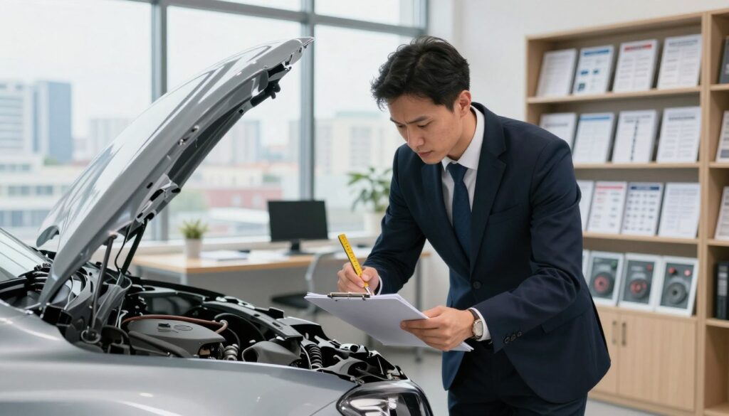 A professional setting depicting an automobile Kaskoversicherung assessment in Poland. In the foreground, a focused technician in business attire examines a damaged car, using a clipboard and measuring tools. The middle ground features a contemporary office space with a large window revealing a Polish city skyline, enhancing the automotive context. The background includes shelves filled with technical manuals and industry certifications, creating an aura of expertise. The lighting is bright and natural, emphasizing clarity and focus, while the angle captures the technician's concentration and the intricate details of the vehicle damage. The atmosphere is pragmatic and professional, reflecting the seriousness of the Kasko damage assessment process.