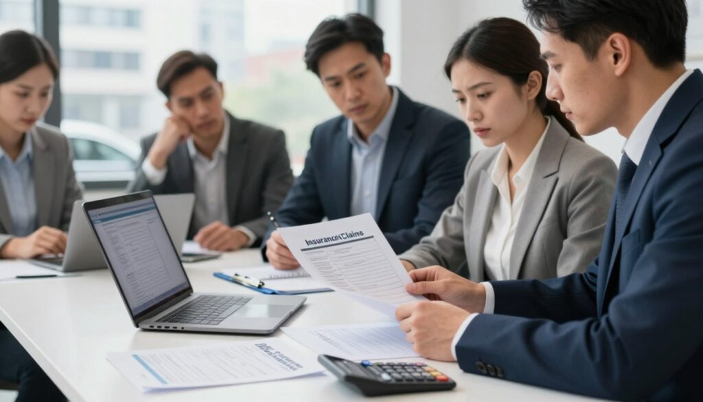 A professional setting depicting an insurance claims process related to automotive damages. In the foreground, a detailed desk cluttered with documents, a laptop open to insurance claim forms, and a calculator, all bathed in soft, natural lighting. In the middle, a diverse group of individuals in business attire, including an insurance adjuster and concerned car owners, collaborating around the desk, with expressions reflecting seriousness and determination. In the background, a window shows a blurred cityscape of Poland, hinting at the article's context. The atmosphere is focused, conveying a sense of urgency and professionalism, while emphasizing the importance of understanding insurance claims and damage assessment in the automotive industry.