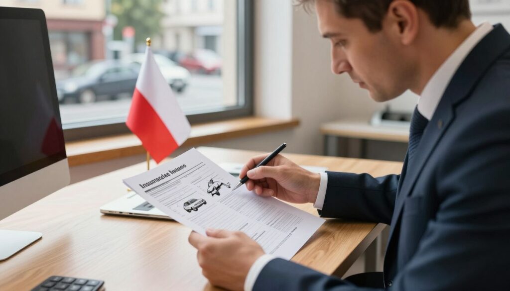 A professional setting depicting an insurance expert reviewing a car accident report in Poland. In the foreground, a middle-aged male expert in a suit is intently focused on a detailed vehicle assessment document on a modern wooden desk. The middle ground features the assessment report highlighting technical elements like diagrams and data points, with a polish flag subtly displayed nearby. In the background, a window shows a scenic view of a busy Polish street with cars passing by, indicating an urban environment. The lighting is warm and natural, streaming in from the window, creating a focused yet inviting atmosphere, shot from a slight angle to capture both the expert's concentration and the busy backdrop. The overall mood reflects professionalism and diligence in the insurance process.