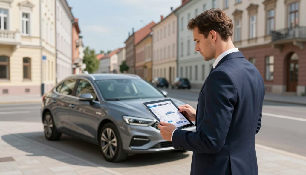 A professional setting in Poland depicting a German car insurance assessment scene. In the foreground, a well-dressed German insurance adjuster, wearing a smart suit, is examining a modern car. The adjuster holds a tablet displaying detailed vehicle inspection data. In the middle, the car is parked on a clean, well-lit street, surrounded by urban Polish architecture. The background features a clear blue sky, giving a sense of tranquility and professionalism. Soft daylight illuminates the entire scene, casting gentle shadows and enhancing colors. The mood is focused and serene, reflecting the thorough and reliable nature of car assessments in a foreign country.