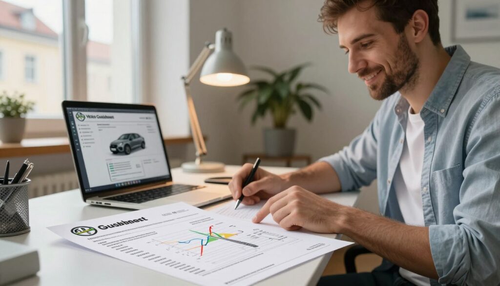 A professional setting showcasing a detailed DEKRA vehicle assessment report in Poland. In the foreground, a neatly arranged desk features a printed DEKRA Gutachten document, with graphs and technical details visible. To the side, a well-dressed German driver in casual business attire is examining the report, looking satisfied and engaged. In the middle ground, a laptop displays a digital version of the assessment, radiating a warm light from a desk lamp. The background features a cozy office environment with a large window showing a glimpse of Polish architecture outside on a sunny day. The atmosphere is one of trust and professionalism, reflecting a robust evaluation process for German vehicle owners in Poland. Soft focus, natural daylight illuminating the scene enhances the inviting mood.