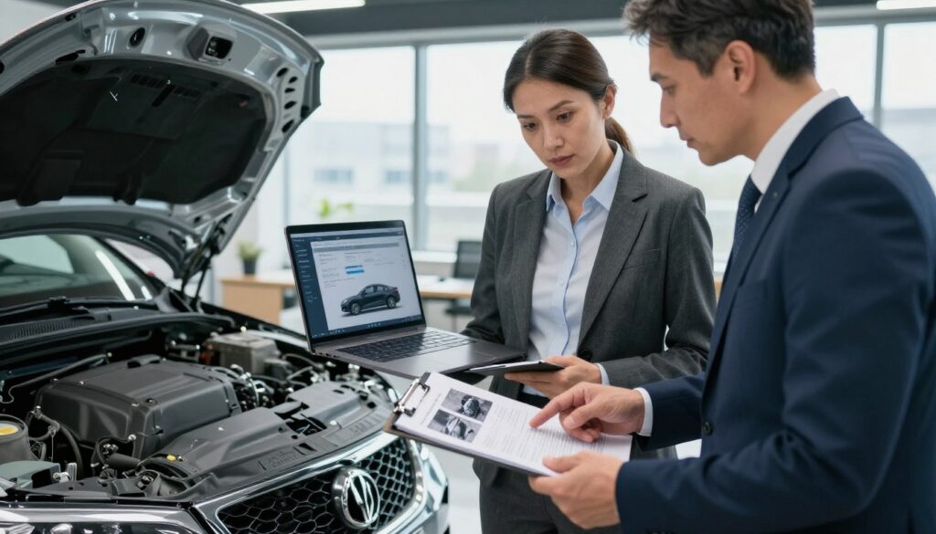 A professional setting showing a team of two insurance assessors discussing a car damage report in Poland. In the foreground, a middle-aged man in a tailored suit, holding a clipboard, points to detailed images of car damage. Beside him, a woman in professional attire reviews a laptop with the car’s information displayed. In the middle ground, a damaged vehicle is parked under bright workspace lights, showcasing visible scratches and dings that need assessment. The background features an office environment with large windows, displaying a cityscape outside, hinting at an urban setting. The mood is focused and analytical, emphasizing the importance of accurate insurance evaluations. The lighting is bright and clear, reflecting a professional atmosphere.