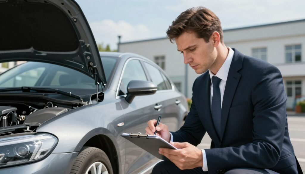 A professional vehicle appraisal expert in Poland, depicted in the foreground, dressed in formal business attire, examining a car's damaged bodywork under soft natural lighting. The expert uses a clipboard and a digital tablet to take notes and photos, illustrating the technical assessment of a car for an insurance claim. In the middle ground, an automobile with visible damage is parked in an urban setting with an industrial background, featuring typical Polish architecture. The atmosphere is serious yet approachable, suggesting expertise and reliability. The angle is slightly angled, capturing both the expert's focused expression and the damaged vehicle, with a clear blue sky above, enhancing the mood of professionalism and trustworthiness.