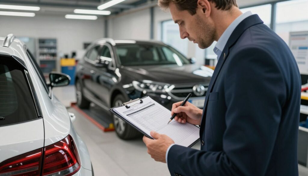 A professional vehicle appraiser inspecting a car at a modern automotive service center, focusing on a detailed evaluation of the vehicle's exterior. The foreground features the appraiser, a middle-aged individual in a smart business suit, holding a clipboard and a digital tablet displaying assessment data. In the middle ground, the car has visible signs of damage on the rear end, with tools and equipment arranged neatly for the appraisal process. The background showcases a well-organized workshop with workshop lighting illuminating the scene, casting soft shadows. The composition should evoke a sense of professionalism, expertise, and support for German drivers navigating car assessments in Poland. The angle should be slightly elevated, capturing both the appraiser’s focused expression and the damaged car clearly.