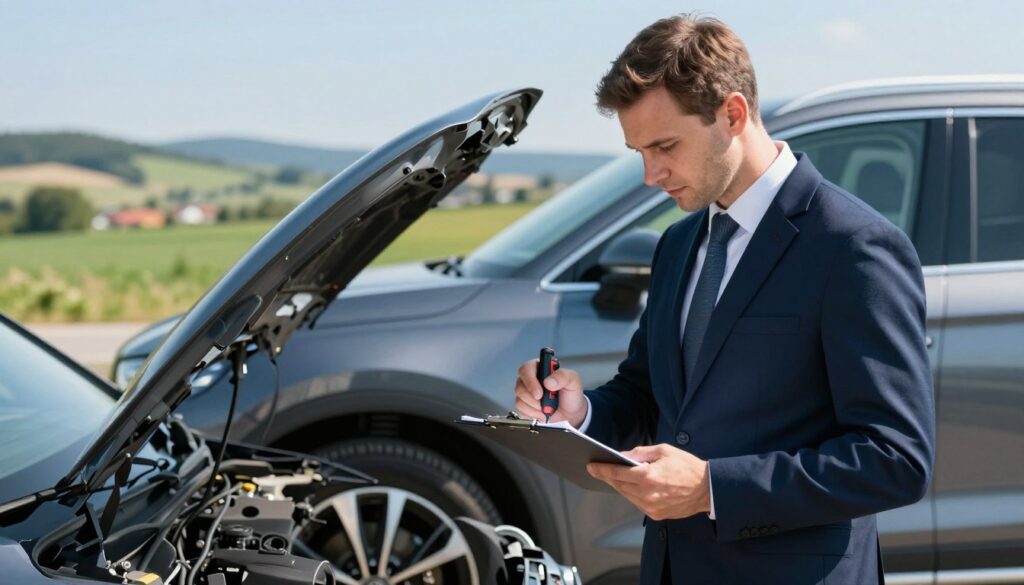 A professional vehicle inspector in Poland evaluating a car, positioned in the foreground with a focused expression. The inspector, dressed in a smart business attire, is holding a clipboard and a diagnostic tool, assessing the vehicle's condition. The middle ground shows a sleek, modern car under a bright, natural sunlight, reflecting meticulous details such as shiny paint and well-maintained wheels. In the background, a scenic Polish landscape with rolling hills and a clear blue sky enhances the setting, symbolizing the professional environment. The lighting is soft yet vibrant, capturing the clear daylight, with a slight focus distortion on the background to emphasize the inspector and the vehicle. The mood is serious yet professional, reflecting the importance of technical assessments for German drivers in Poland.
