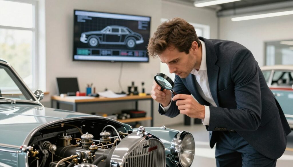 A classic car expert in Poland, dressed in professional business attire, closely examines a vintage vehicle—an oldtimer—in a well-lit, modern automotive workshop. In the foreground, the expert is inspecting the car's engine with a magnifying glass, showcasing detailed mechanical components and chrome finishes. The middle layer features a well-organized workspace with tools, papers, and a large wall-mounted screen displaying technical diagrams related to vehicle assessment. In the background, sunlight filters through large windows, illuminating the space and adding warmth to the atmosphere, creating a mood of professionalism and diligence. Capture the meticulous nature of the vehicle appraisal process, emphasizing the relationship between the expert and the oldtimer without any text or distractions.