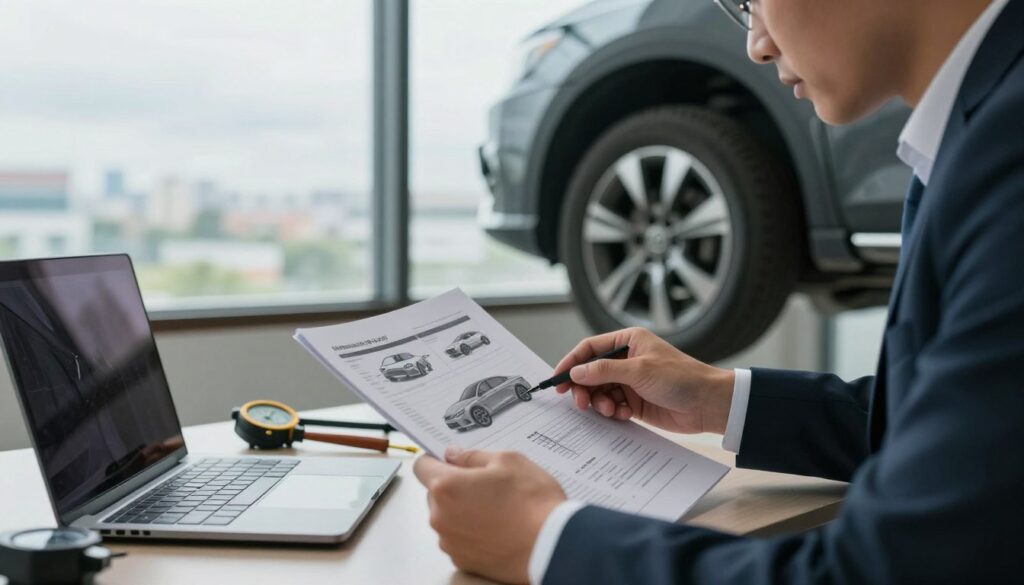 A close-up view of a professional expert analyzing vehicle damage in a modern office environment. In the foreground, a focused individual in professional business attire, examining a technical report with automotive diagrams and charts visible. The middle layer features a large window showcasing a cloudy day outside, with the faint outline of city buildings in the distance and soft, diffused natural lighting filtering in. On the office desk, tools for inspection, such as measuring instruments and a laptop, reflect a sense of professionalism and attention to detail. The atmosphere is serious and contemplative, embodying the complexities and challenges faced in vehicle insurance claims. Overall, the image conveys diligence and expertise in the field of vehicle accident assessment and resolution.