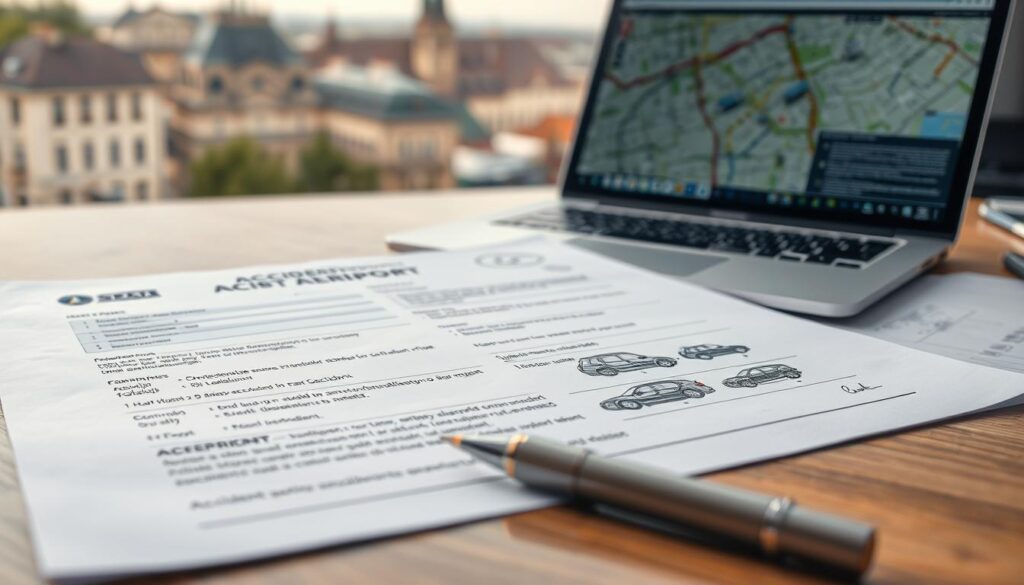 A close-up view of an accident report document for a German driver involved in a car accident in Poland, prominently displayed on a wooden desk. The document includes detailed sections about the incident, vehicle descriptions, and diagrams of the crash scene. In the foreground, a pen rests beside the document, hinting at a recent signature. In the middle ground, a laptop shows maps and additional accident details on the screen. In the background, a blurred image of a cityscape reflects Poland's architecture, with soft, afternoon light filtering through a nearby window. The mood is professional and focused, conveying the seriousness of the situation while maintaining clarity and organization in the document's layout.