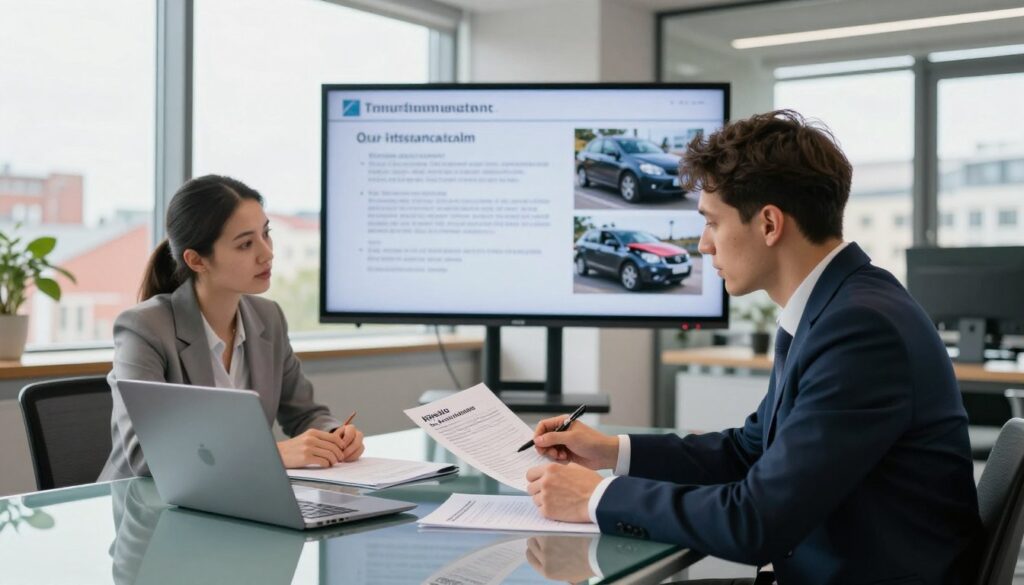 A collaborative scene set in a modern office in Poland, illustrating the concept of translation and communication during the insurance claim process for car damage. In the foreground, two professional individuals—one Polish and one German—are seated at a sleek glass table, reviewing documents and using a laptop. The Polish individual is translating a technical report about Kasko insurance claims while the German individual looks on, engaged in the discussion. In the middle ground, a large screen displays translated text and visuals related to car damage assessment. The background features panoramic windows showing a vibrant cityscape. Soft, natural light streams in, creating a warm atmosphere that highlights the importance of effective communication. The image should evoke a sense of professionalism and collaboration amid language barriers. A collaborative scene set in a modern office in Poland, illustrating the concept of translation and communication during the insurance claim process for car damage. In the foreground, two professional individuals—one Polish and one German—are seated at a sleek glass table, reviewing documents and using a laptop. The Polish individual is translating a technical report about Kasko insurance claims while the German individual looks on, engaged in the discussion. In the middle ground, a large screen displays translated text and visuals related to car damage assessment. The background features panoramic windows showing a vibrant cityscape. Soft, natural light streams in, creating a warm atmosphere that highlights the importance of effective communication. The image should evoke a sense of professionalism and collaboration amid language barriers.
