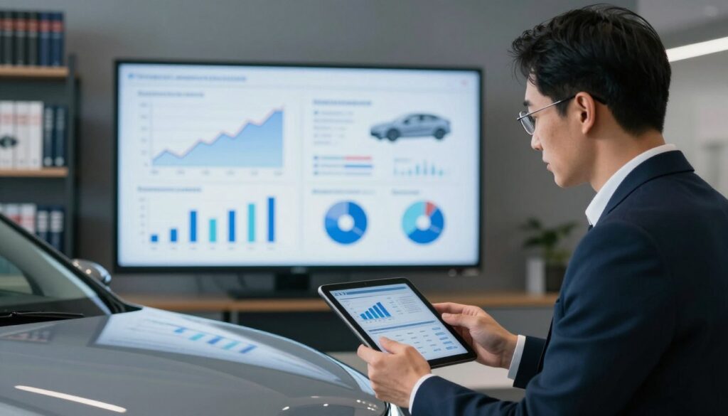 A contemporary office setting with a focus on vehicle valuation trends. In the foreground, a professional in business attire examines a sleek, modern car using a tablet, reflecting technical details. The middle ground features charts and graphs displayed on a large screen, showcasing data trends in vehicle valuation. The background includes shelves lined with automotive reference books, enhancing the technical atmosphere. Soft, diffused lighting casts a calm ambiance, with a slight vignette effect to draw attention to the subjects. The mood conveys a sense of urgency and relevance, emphasizing the importance of current vehicle evaluations for German drivers in Poland.