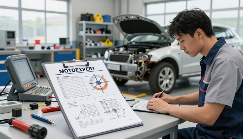 A detailed and professional scene depicting an automotive technical inspection in a bright, well-lit garage. In the foreground, a skilled technician in a clean, professional outfit examines a damaged car, focused on the repair areas. Tools and diagnostic equipment lie neatly organized on a workbench nearby. In the middle ground, a large document titled “Versicherungsgutachten MOTOEXPERT” is prominently displayed on the workbench, showing charts and technical diagrams, emphasizing the concept of expert assessments. In the background, shelves filled with automotive parts and safety gear give context to the setting. Natural lighting enters through large windows, conveying an atmosphere of diligence and professionalism, capturing the essence of technical expertise in automotive assessments.