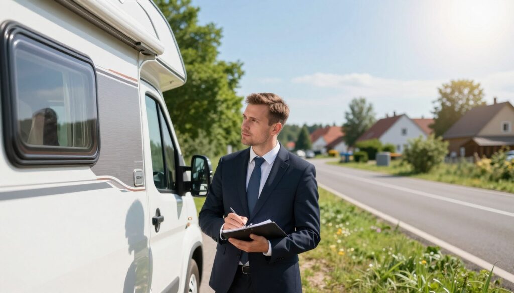 A detailed and professional setting depicting a Kasko damage assessment in Poland. In the foreground, a well-dressed insurance adjuster, wearing a business suit, is closely inspecting a camper vehicle, taking notes during a technical assessment. The middle ground features a well-maintained Polish roadside with lush greenery and a clear blue sky. The background includes a small town visible in the distance, showcasing traditional Polish architecture. The scene is bright and well-lit, simulating natural sunlight, with a slight lens flare to convey positivity and professionalism. The atmosphere is focused and serious, reflecting the importance of accurately assessing repair costs for car insurance claims, emphasizing trust and competence in the process.