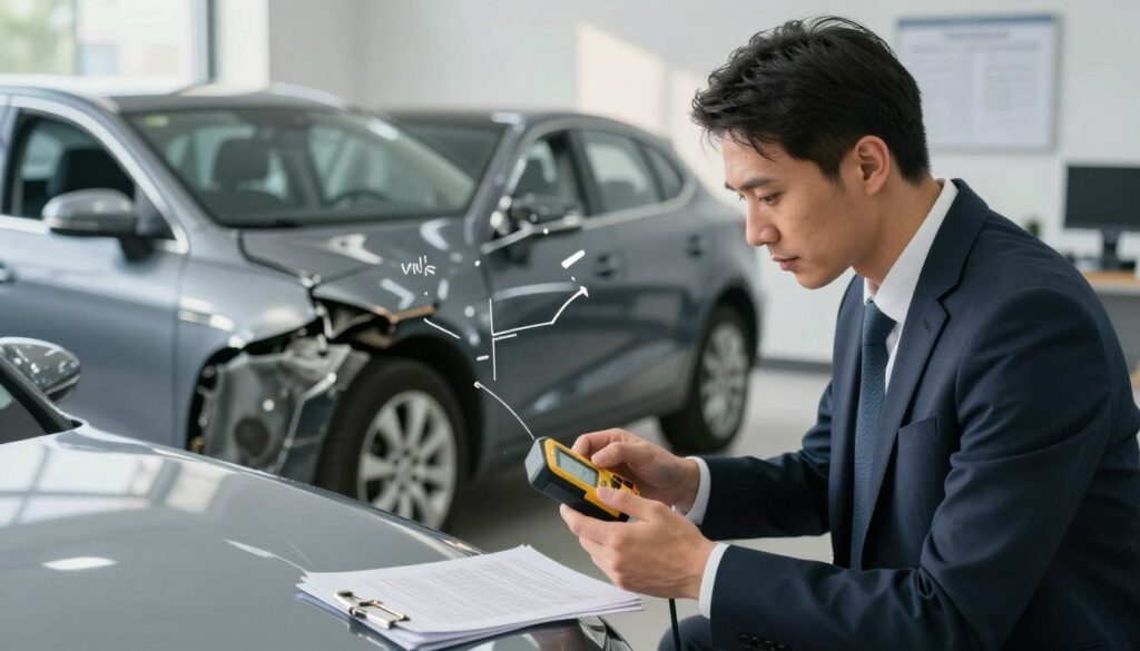 A detailed and professional setting illustrating the evaluation of vehicle depreciation. In the foreground, a focused professional in business attire examines a car with a measuring device, symbolizing the assessment process. In the middle ground, a sleek, slightly damaged vehicle showcases signs of wear, with annotations highlighting areas of value loss. The background features an urban Polish environment or an automotive evaluation office with documents and tools, creating a formal atmosphere. Soft, natural lighting filters through a window, casting gentle shadows, while the camera angle captures the scene in a dynamic perspective, emphasizing the importance of thorough valuation. The mood conveys professionalism and analytical diligence, reflecting the critical aspect of damage assessment in vehicle valuation. A detailed and professional setting illustrating the evaluation of vehicle depreciation. In the foreground, a focused professional in business attire examines a car with a measuring device, symbolizing the assessment process. In the middle ground, a sleek, slightly damaged vehicle showcases signs of wear, with annotations highlighting areas of value loss. The background features an urban Polish environment or an automotive evaluation office with documents and tools, creating a formal atmosphere. Soft, natural lighting filters through a window, casting gentle shadows, while the camera angle captures the scene in a dynamic perspective, emphasizing the importance of thorough valuation. The mood conveys professionalism and analytical diligence, reflecting the critical aspect of damage assessment in vehicle valuation.