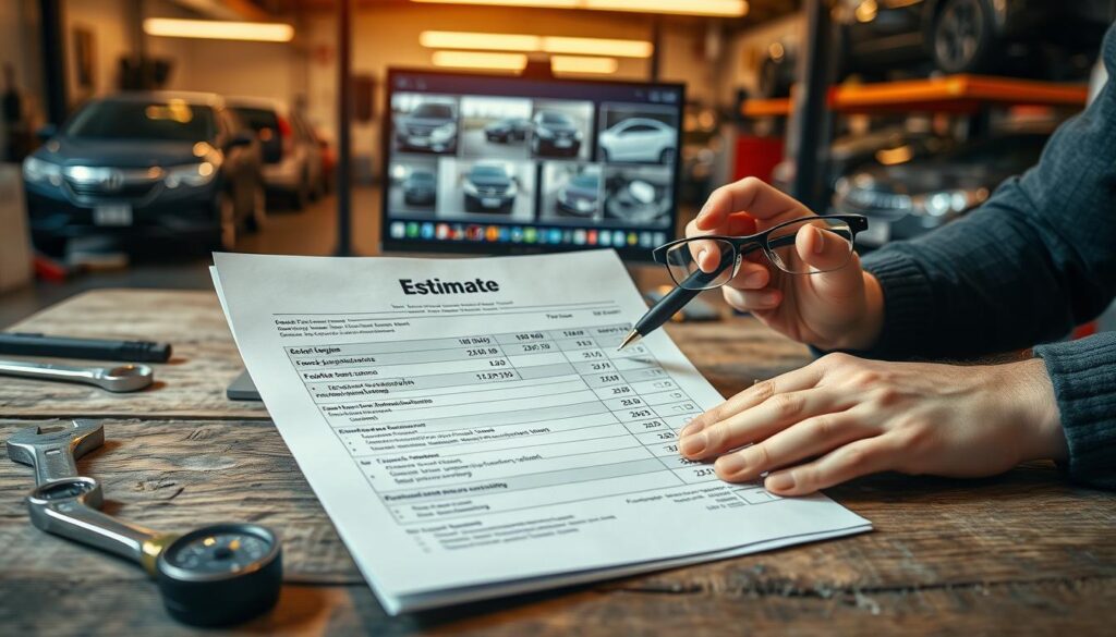 A detailed automotive repair estimate document prominently displayed on a rustic wooden table, showcasing Polish currency and vehicle repair specifications. In the foreground, a pair of hands holding a pen and adjusting reading glasses with a notepad filled with handwritten notes. The middle ground features a computer screen displaying digital images of vehicle damages, along with tools such as wrenches and a tire pressure gauge laying casually around. The background captures a softly lit auto repair shop with vehicles under maintenance, dimly illuminated by warm overhead lighting, creating a professional atmosphere. The image reflects a calm yet industrious mood, emphasizing the technical nature of vehicle repair assessments. Ensure the composition is clean and focused, devoid of any distracting elements.