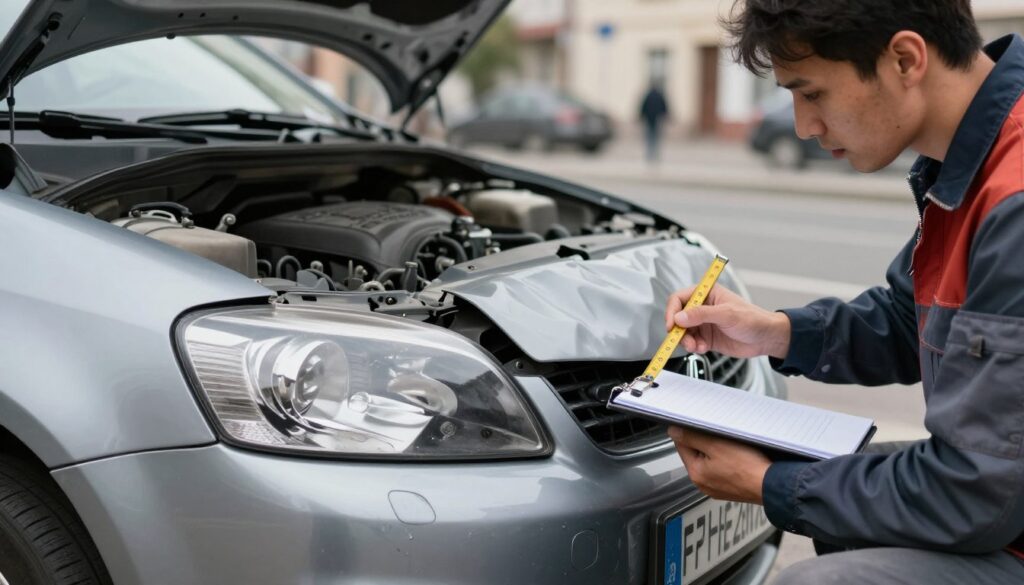 A detailed close-up of a damaged car focused on a crumpled front bumper and shattered headlights, symbolizing the aftermath of an accident. In the foreground, a mechanic in professional attire examines the damage, equipped with a notepad and a measuring tool, communicating the process of assessment. The middle ground features a partially opened hood with exposed engine parts, indicating a deeper inspection. In the background, a serene yet tense atmosphere is created with a blurred image of a bustling Polish street, signifying the setting. The lighting is natural, with soft shadows enhancing the textures of the car's damage, capturing the somber mood following a road incident. Use a shallow depth of field to emphasize the car and mechanic while keeping the background less defined. A detailed close-up of a damaged car focused on a crumpled front bumper and shattered headlights, symbolizing the aftermath of an accident. In the foreground, a mechanic in professional attire examines the damage, equipped with a notepad and a measuring tool, communicating the process of assessment. The middle ground features a partially opened hood with exposed engine parts, indicating a deeper inspection. In the background, a serene yet tense atmosphere is created with a blurred image of a bustling Polish street, signifying the setting. The lighting is natural, with soft shadows enhancing the textures of the car's damage, capturing the somber mood following a road incident. Use a shallow depth of field to emphasize the car and mechanic while keeping the background less defined.