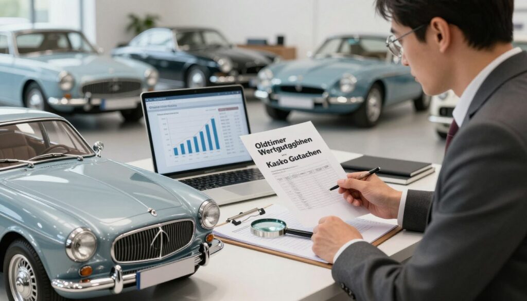 A detailed comparison image illustrating "Oldtimer Wertgutachten versus Kasko Gutachten." In the foreground, display two old-fashioned cars, one classic vintage model and one modern vehicle. The classic car should have a gleaming finish and be surrounded by a clipboard and a magnifying glass, representing the value assessment. In the middle ground, show an office setting with an expert inspecting documents, dressed in professional business attire, with a laptop open displaying graphs and figures related to car valuation. In the background, softly blurred, include an elegant garage or showroom filled with vintage cars. Use soft, natural lighting to create a focused, professional atmosphere, emphasizing clarity and trust in the evaluation process. Angle the composition so the viewer feels engaged in the assessment conversation.