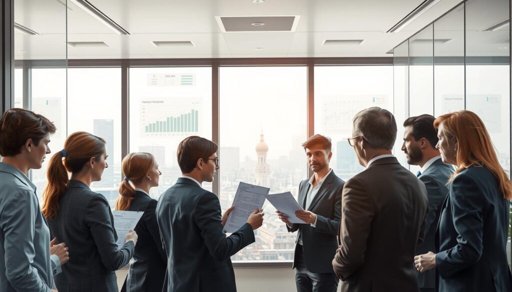 A detailed illustration depicting the topic of "Schadenmeldung und Fristen bei der Regulierung in Polen." In the foreground, a professional setting features a diverse group of individuals in business attire, engaged in a discussion over paperwork related to insurance claims. In the middle ground, a sleek, modern office environment is equipped with large windows showing the Warsaw skyline, symbolizing Poland. The backdrop conveys a sense of efficiency and professionalism, with charts and graphs displayed on glass partitions, illustrating timelines and regulations. Soft, natural lighting floods the office, creating a welcoming atmosphere. The angle of the image is slightly tilted from above, providing a comprehensive view of the interaction and surrounding elements, emphasizing the theme of effective claims management in Poland.