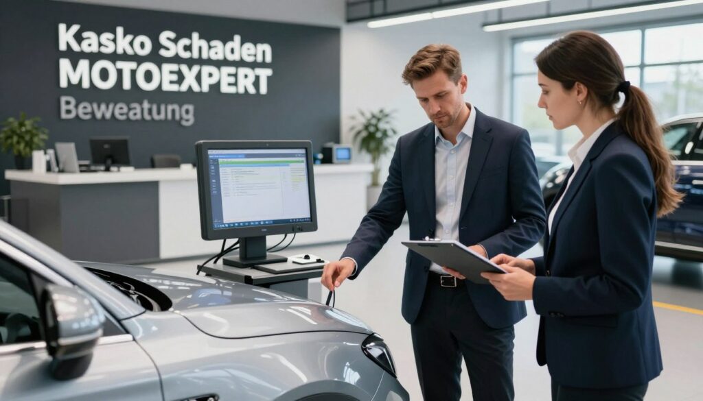 A detailed image capturing a modern automotive assessment scene in Poland, focused on the theme of "Kasko Schaden MOTOEXPERT Bewertung." In the foreground, showcase a professional male and female assessor wearing smart business attire, examining a car with visible damage under bright, natural lighting. The middle ground features a high-tech diagnostic tool displaying data, with the car prominently featured, showcasing its distinctively damaged areas. In the background, a sleek office environment with polished surfaces hints at MOTOEXPERT’s innovative approach, filled with automotive and technological paraphernalia. Use a wide-angle lens perspective to create depth, evoking a mood of professionalism and technological sophistication that aligns with the discussion of technological innovations at MOTOEXPERT.