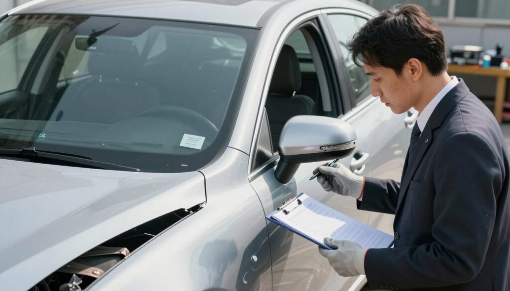 A detailed inspection scene of a car suffering from accident damage, set outdoors during the day. In the foreground, a professional appraiser in business attire examines the car's bodywork, holding a clipboard and wearing safety gloves. The middle ground features the damaged vehicle, highlighting dented panels and shattered glass with stickers indicating inspection points. In the background, a blurred view of a workshop and tools suggests a technical evaluation environment. Natural daylight illuminates the scene, casting soft shadows, while a slight angle from above captures the overall context of the vehicle's condition. The atmosphere is serious and focused, emphasizing the importance of accurate damage assessment.