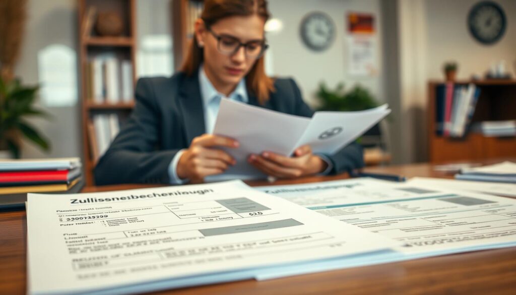 A detailed, realistic scene showcasing a "Zulassungsbescheinigung" and vehicle data documents laid out on a wooden desk. The foreground features the crisp, printed documents, partially open to show technical specifications of a vehicle, such as registration number, model, and other vehicle data. In the middle ground, a professional looking person in business attire examines the documents, their face focused and thoughtful. The background contains subtle hints of a busy office environment, perhaps a blurred bookshelf and a clock, conveying an atmosphere of diligence and professionalism. The lighting is soft but clear, highlighting the documents and the person's expressions without harsh shadows. The angle is slightly elevated, providing a comprehensive view of the scene while maintaining clarity.