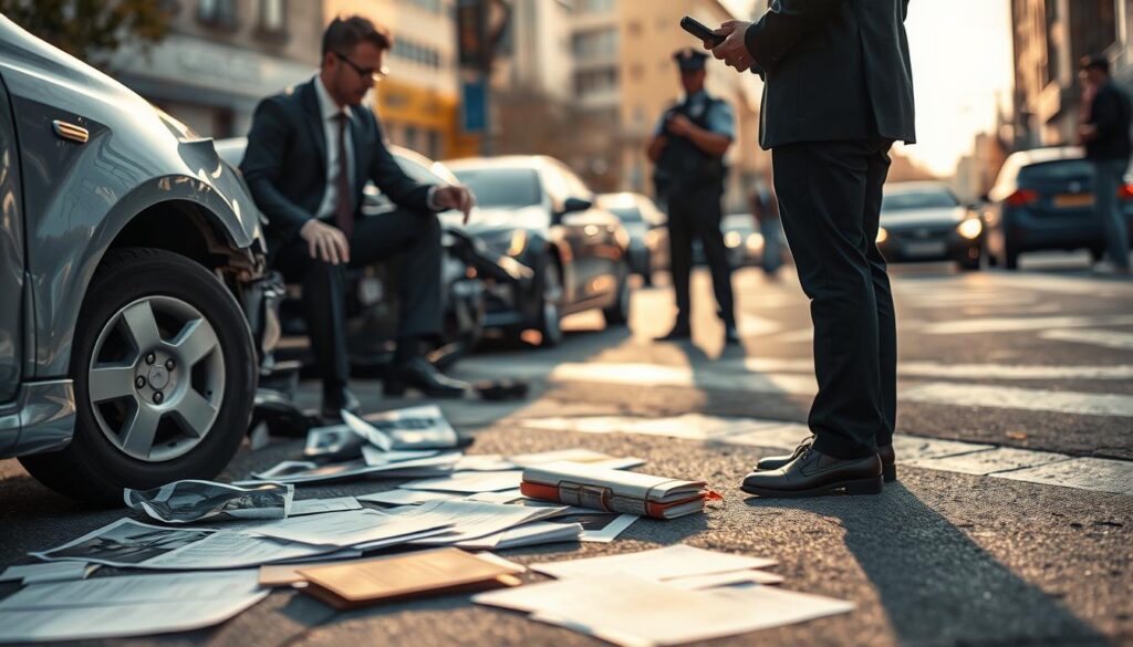 A detailed scene depicting a car accident investigation in an urban setting, showcasing a slightly damaged vehicle with scattered vehicle papers and accident photos on the ground, vividly highlighting the importance of evidence collection. In the foreground, a professional-looking individual in a business suit is carefully examining the documents, while another person, dressed in casual attire, takes photos with a smartphone. In the middle, a blurred background features a police officer speaking with an onlooker, and cars continuing to pass by, conveying the ongoing nature of urban life. The lighting is soft, with early morning sunlight casting gentle shadows, evoking a serious yet calm atmosphere. The lens captures the scene from an angled perspective, ensuring depth and clarity, focusing on the themes of professionalism and diligence in evidence collection. A detailed scene depicting a car accident investigation in an urban setting, showcasing a slightly damaged vehicle with scattered vehicle papers and accident photos on the ground, vividly highlighting the importance of evidence collection. In the foreground, a professional-looking individual in a business suit is carefully examining the documents, while another person, dressed in casual attire, takes photos with a smartphone. In the middle, a blurred background features a police officer speaking with an onlooker, and cars continuing to pass by, conveying the ongoing nature of urban life. The lighting is soft, with early morning sunlight casting gentle shadows, evoking a serious yet calm atmosphere. The lens captures the scene from an angled perspective, ensuring depth and clarity, focusing on the themes of professionalism and diligence in evidence collection.
