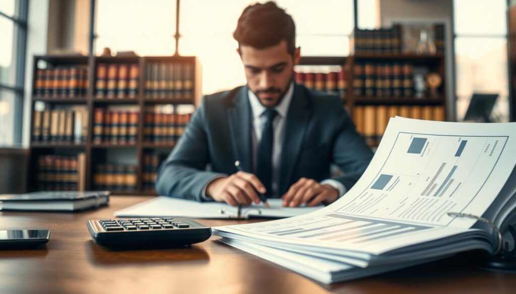 A detailed scene depicting insurance documents for the evaluation of expert costs after a car accident, staged on a stylish wooden desk. In the foreground, focus on neatly stacked papers and a calculator, with the documents visibly showing graphs and figures, illuminated by soft natural light. In the middle, a professional individual dressed in business attire examines the paperwork with a thoughtful expression, symbolizing diligence and analysis. In the background, a blurred image of a modern office environment, complete with shelves of legal books and a large window letting in warm sunlight, creating a calm yet focused atmosphere. The overall mood conveys professionalism and precision in dealing with car insurance matters.