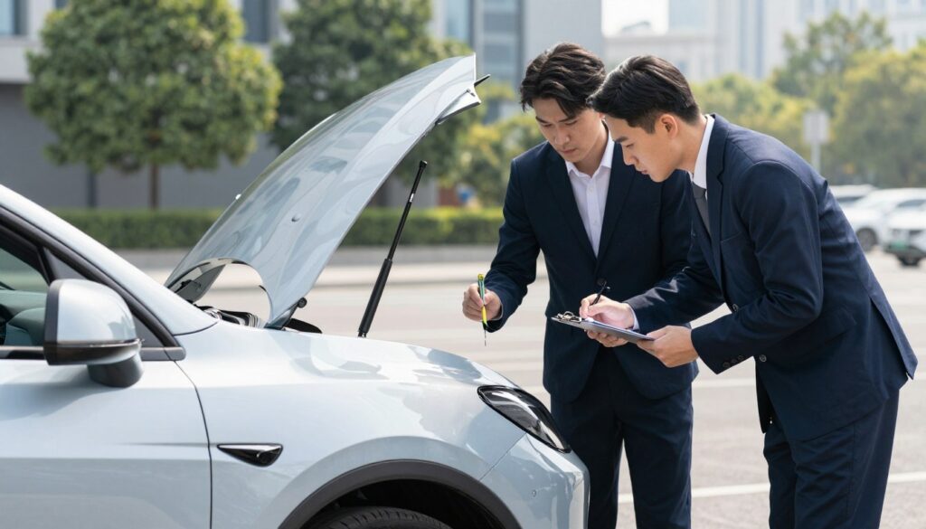 A detailed scene featuring a modern electric vehicle involved in a minor accident, positioned in a safe, well-lit environment. In the foreground, the sleek design of the electric car is visible, showcasing its unique features such as smooth curves and advanced technology. In the middle ground, an inspection professional, dressed in a smart business attire, is analyzing the damage with a clipboard and measuring tools, emphasizing a serious and focused mood. In the background, a calm urban setting can be seen, with trees and buildings subtly blurred to keep the focus on the car and the inspector. The lighting is bright and natural, suggesting an afternoon setting, enhancing the clarity and detail of the scene. The overall atmosphere conveys professionalism and diligence in damage assessment for electric vehicles.