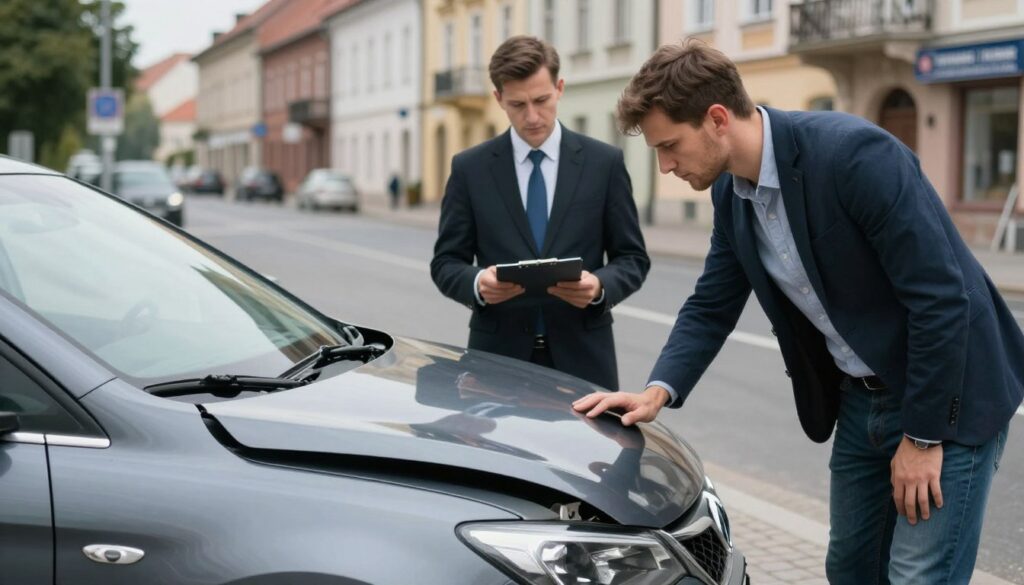 A detailed scene illustrating a car accident aftermath in Poland, focusing on a modern sedan with minor damage to the front. In the foreground, a concerned male driver in a smart casual outfit inspects the vehicle, while in the middle ground, a professional inspector in business attire examines the scene with a clipboard and measuring tools. The background features a typical Polish urban street, showcasing distinctive architecture and signage. Soft, diffused lighting creates a serious yet calm atmosphere, reflecting the tension of the situation. The angle is slightly elevated, capturing the interaction between the driver and the inspector, emphasizing the assessment process for vehicle insurance claims.
