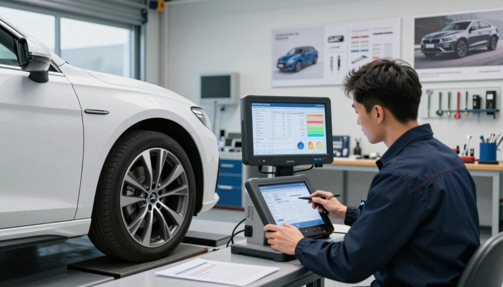 A detailed scene of a modern vehicle assessment setup, featuring a pristine German car on a lift in a well-lit automotive workshop. In the foreground, an automotive expert in a professional attire inspects the car with a digital diagnostic tool, showcasing analytical precision. The middle ground displays technical equipment and charts highlighting assessment metrics, including damage evaluation and performance statistics. The background reveals an organized workspace with tools, diagrams, and product posters relevant to vehicle assessments. Soft, natural lighting filters in through windows, creating a clean and professional atmosphere. The overall mood is focused and technical, emphasizing the importance of meticulous vehicle appraisal in the context of crash assessments.