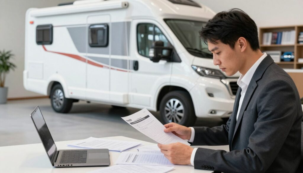 A detailed scene showcasing an RV (Wohnmobil) in a well-lit, professional setting, surrounded by paperwork and a laptop. In the foreground, a focused individual dressed in smart business attire, attentively examining technical documents related to RV damage assessment (Gutachten). In the middle ground, a pristine RV is parked on a smooth, paved lot, gleaming under soft, natural light, showcasing its exterior condition. The background features a faint outline of an office environment with shelves filled with related automotive literature, creating an atmosphere of professionalism and expertise. The image should convey a sense of clarity and purpose, with a depth of field that blurs the background for emphasis on the subjects in the foreground and middle ground. A detailed scene showcasing an RV (Wohnmobil) in a well-lit, professional setting, surrounded by paperwork and a laptop. In the foreground, a focused individual dressed in smart business attire, attentively examining technical documents related to RV damage assessment (Gutachten). In the middle ground, a pristine RV is parked on a smooth, paved lot, gleaming under soft, natural light, showcasing its exterior condition. The background features a faint outline of an office environment with shelves filled with related automotive literature, creating an atmosphere of professionalism and expertise. The image should convey a sense of clarity and purpose, with a depth of field that blurs the background for emphasis on the subjects in the foreground and middle ground.