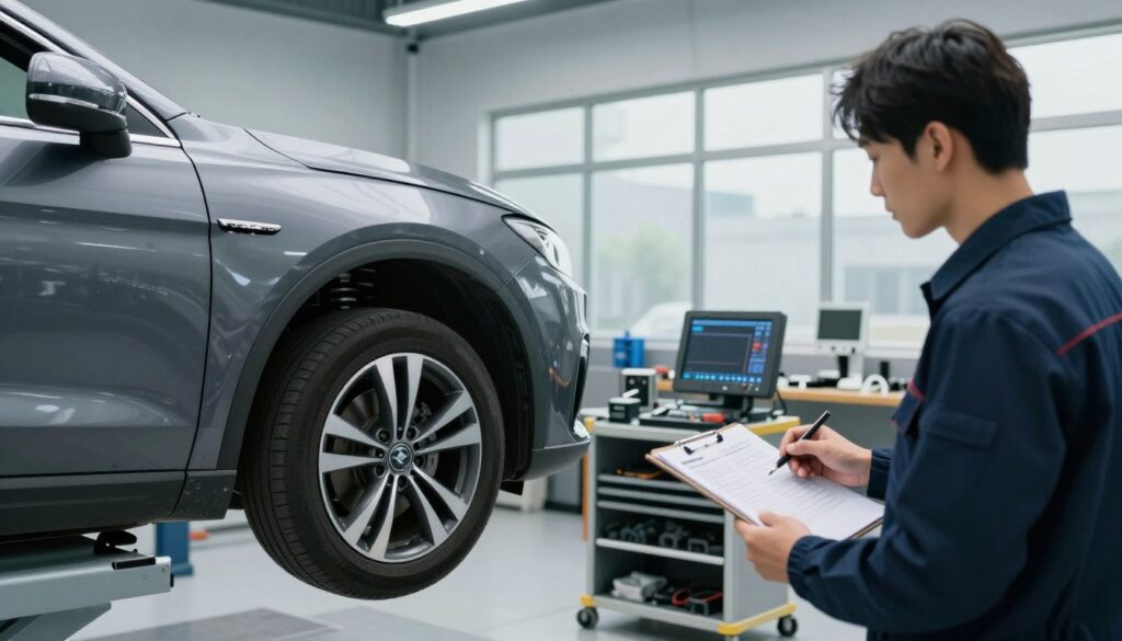 A detailed scene showcasing the process of a Kasko damage repair analysis in a professional automotive workshop. In the foreground, a sleek modern car under bright, diffused lighting on a hydraulic lift, its exterior showing signs of minor damage. A technician in smart casual business attire examines the car, holding a clipboard with repair analysis notes. In the middle ground, various tools and equipment are neatly organized, including diagnostic devices and parts. The background features a clean, well-organized workshop with large windows allowing natural light to illuminate the space, enhancing the technical atmosphere. The overall mood should convey professionalism, precision, and attention to detail, emphasizing the importance of thorough vehicle repair assessments.