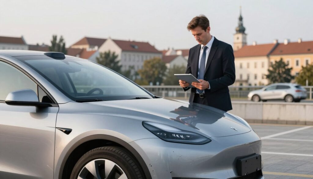 A modern electric car, prominently displayed in the foreground, showcasing its sleek and aerodynamic design. The car is slightly damaged, with noticeable dents and scratches, symbolizing the aftermath of an accident. In the middle ground, a professional looking engineer in business attire examines the vehicle with a tablet in hand, conducting a technical assessment. To the background, a blurred landscape of a Polish city, including recognizable architecture, hints at the location. The scene is illuminated by soft, ambient daylight, emphasizing the seriousness of the situation while maintaining clarity and focus on the car and the assessment process. The atmosphere is somber yet professional, capturing the essence of post-accident evaluations for electric vehicles.