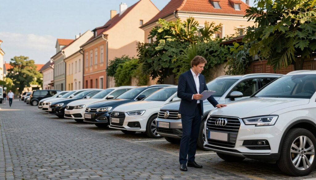 A picturesque street scene in Poland featuring a lineup of German vehicles, such as a sleek Audi and a robust Volkswagen, parked neatly along a cobblestone road. In the foreground, a professional-looking automobile appraiser in a smart business suit is inspecting one of the cars with a clipboard in hand, showcasing a focused expression. The middle layer reveals charming Polish architecture, with colorful buildings and lush greenery lining the street. In the background, a clear blue sky enhances the mood, with soft sunlight casting gentle shadows and creating a warm atmosphere. The image should evoke a sense of professionalism and trust, highlighting the connection between German vehicles and the expertise available for drivers in Poland.