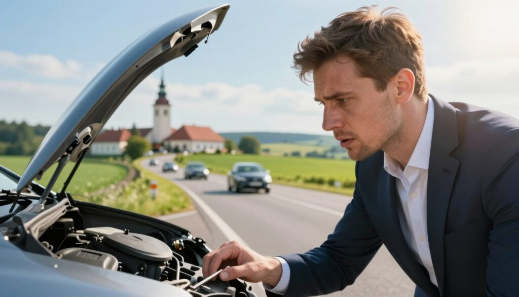 A professional German driver inspecting a damaged car in Poland, foreground featuring the driver in a neat business outfit, looking concerned yet focused. In the middle ground, a brightly colored Polish landscape shows recognizable landmarks, with a few distant cars on the road, suggesting a bustling atmosphere. The background features blue skies and gentle rolling hills, symbolizing a tranquil yet busy environment. The lighting is soft and warm, creating an inviting mood, with a slight sunflare effect to add depth. A close-up angle captures the driver's expressions and body language, emphasizing emotions of determination and professionalism, while maintaining a sense of cultural context. The scene conveys experiences of navigating insurance regulations abroad, highlighting the challenges faced by German motorists in a foreign country.