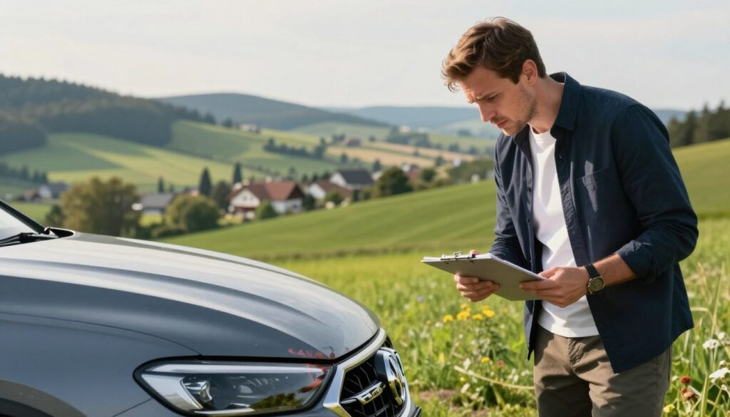 A professional German driver inspecting an automobile in a scenic Polish landscape, showcasing a modern car with visible Kasko damage on the front bumper. The foreground features the driver, dressed in smart casual clothing, holding a clipboard and looking concerned, representing due diligence in handling car insurance issues abroad. The middle ground includes a picturesque Polish countryside with rolling green hills and a distant small village, hinting at travel. Soft natural lighting creates a warm atmosphere, while the lens captures a slightly elevated angle for a comprehensive view of the scene. The overall mood conveys a sense of importance and preparation, emphasizing the significance of understanding car insurance while traveling. A professional German driver inspecting an automobile in a scenic Polish landscape, showcasing a modern car with visible Kasko damage on the front bumper. The foreground features the driver, dressed in smart casual clothing, holding a clipboard and looking concerned, representing due diligence in handling car insurance issues abroad. The middle ground includes a picturesque Polish countryside with rolling green hills and a distant small village, hinting at travel. Soft natural lighting creates a warm atmosphere, while the lens captures a slightly elevated angle for a comprehensive view of the scene. The overall mood conveys a sense of importance and preparation, emphasizing the significance of understanding car insurance while traveling.