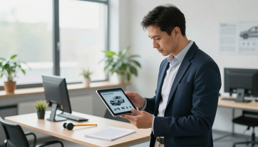 A professional German-speaking car damage appraiser stands in a modern office setting, examining a vehicle model on a digital tablet. The foreground features the appraiser, dressed in smart casual business attire, focusing intently on the screen. In the middle ground, a clean desk with automotive tools and documents is neatly arranged, reflecting order and professionalism. The background showcases a large window with natural light pouring in, illuminating the space and creating a bright, welcoming atmosphere. Soft-focus potted plants add a touch of greenery, enhancing the calm mood. The scene captures a moment of communication, symbolizing the connection between clients and the appraisal process in Poland, emphasizing professionalism and trust.