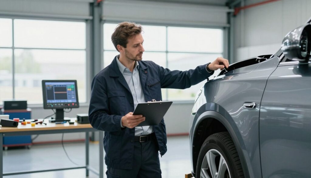 A professional German-speaking car damage expert stands in a well-lit garage, examining a luxury vehicle after an accident. The foreground showcases the expert, meticulously checking the vehicle's bodywork, dressed in a smart, professional outfit with a clipboard in hand. In the middle ground, there are tools and equipment scattered on a workbench, alongside a modern diagnostic machine displaying data. The background features large windows allowing natural light to flood in, illuminating the space, and a polished floor reflecting the vehicle. The atmosphere is serious yet focused, emphasizing expertise and trustworthiness in the evaluation process. The image's angle captures the expert in action, highlighting attention to detail while fostering a sense of professionalism and reliability.