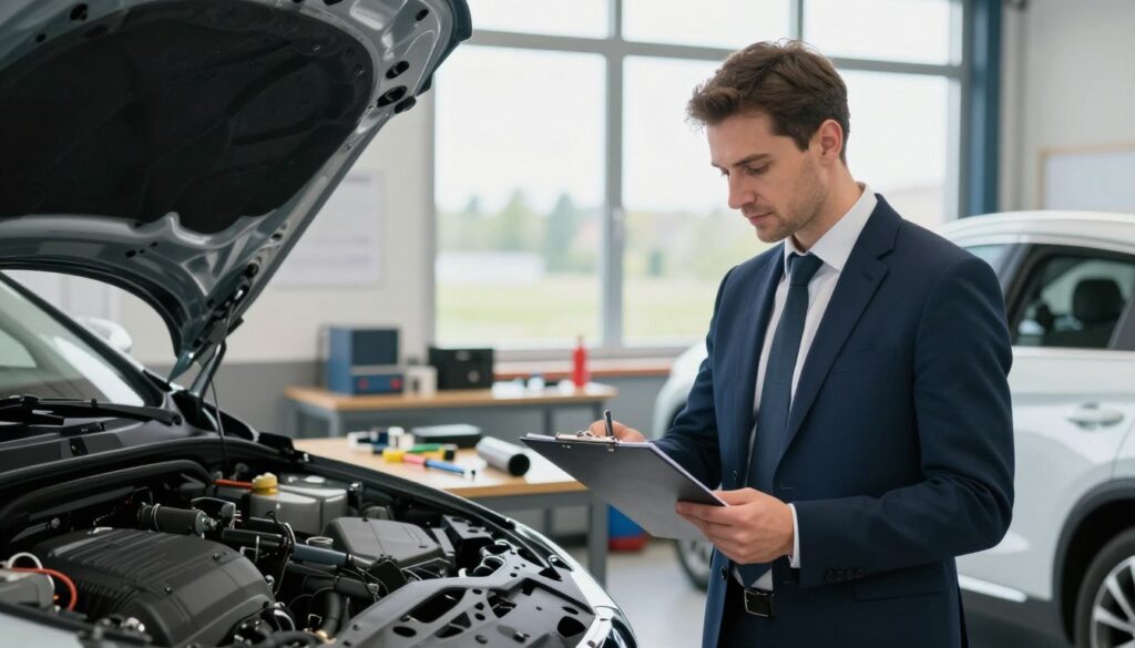A professional Kfz (car) expert in Poland, wearing a smart business suit, is inspecting a sleek German vehicle in a well-lit garage. The foreground captures the expert examining the car's bodywork with a clipboard in hand, showcasing a focused expression. In the middle ground, various vehicle parts and tools are neatly organized on a workbench, emphasizing the technical environment. The background features a window allowing natural daylight to brighten the scene, with a distant view of the Polish landscape visible. The atmosphere is serious yet welcoming, reflecting trust and expertise in vehicle assessments, ideal for German drivers seeking reliable advice in Poland. The lighting is bright and even, creating a professional tone, with a shallow depth of field focusing on the expert and the car.