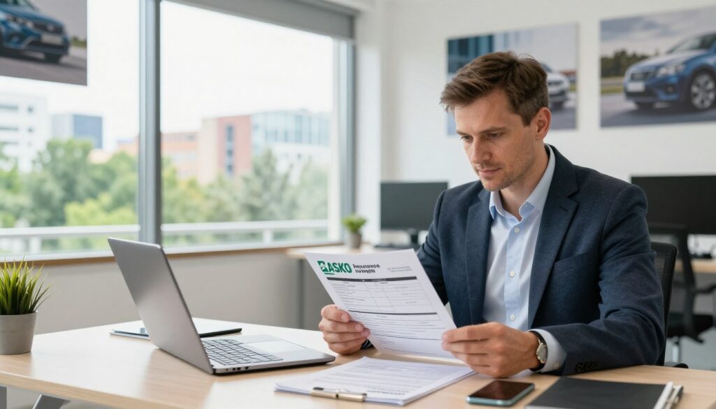 A professional Polish office environment, featuring a well-lit, modern workspace. In the foreground, a confident, business-attired individual (Caucasian, late 30s) is seated at a desk, reviewing a detailed Kasko insurance damage report with a focused expression. Various automotive documents, a laptop, and a smartphone are visible on the desk, symbolizing communication and consultation. In the middle ground, a large window shows a picturesque view of a Polish cityscape, with greenery and contemporary buildings, representing the location of the service. The background features a few abstract automotive images on the walls, emphasizing the theme of vehicle assessments. The lighting is bright and welcoming, conveying a sense of professionalism and trust, suitable for an audience seeking expert advice.