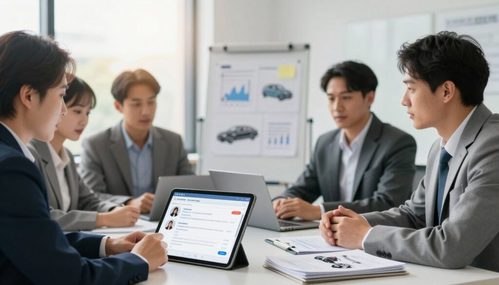 A professional and inviting office setting, featuring a diverse group of four individuals in business attire, seated around a table engaged in a serious discussion. The foreground includes a digital tablet displaying customer reviews and ratings, alongside a stack of technical reports on automotive assessments. In the middle, a soft-focus whiteboard with charts and notes on car damage evaluation techniques, contributing to an atmosphere of professionalism and collaboration. The background showcases a modern office with large windows allowing warm, natural light to flood the space, creating a bright and optimistic mood. The scene captures the essence of trust and expertise in customer feedback for automotive damage assessments.