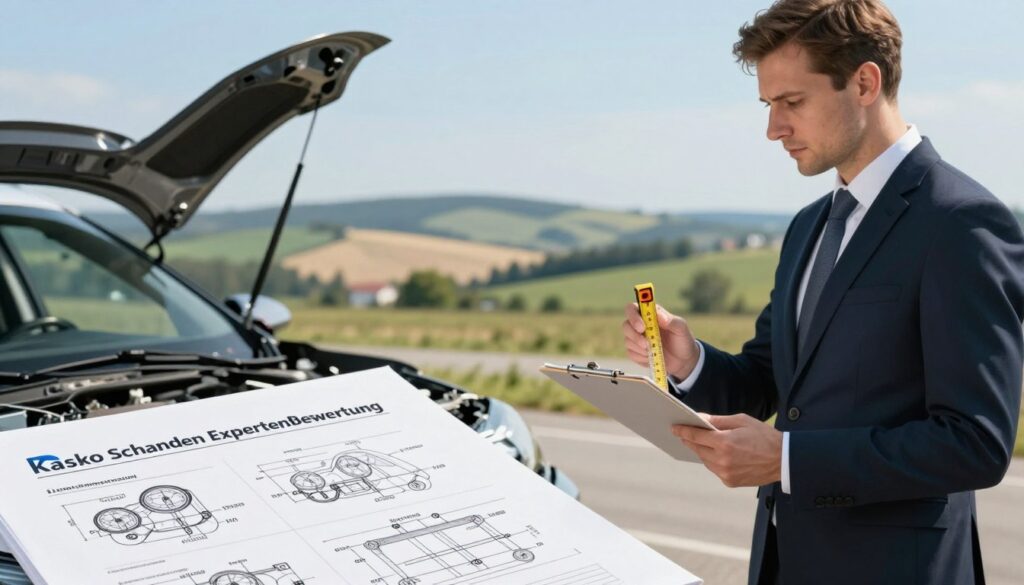 A professional assessment scene focused on "Kasko Schaden Expertenbewertung" in Poland. Foreground: a confident, well-dressed expert in a business suit examining a vehicle's damage, holding a clipboard and a measuring tool, standing beside a damaged car. Middle ground: a selection of paperwork and technical diagrams spread out on a table nearby, showcasing detailed Kasko evaluations. Background: a scenic view of a typical Polish landscape with rolling hills and a clear blue sky, implying a calm and professional atmosphere. Soft, natural lighting highlights the scene, creating a serious and attentive mood captured with a medium angle lens. The overall feel should convey professionalism and thoroughness in vehicle assessment. A professional assessment scene focused on "Kasko Schaden Expertenbewertung" in Poland. Foreground: a confident, well-dressed expert in a business suit examining a vehicle's damage, holding a clipboard and a measuring tool, standing beside a damaged car. Middle ground: a selection of paperwork and technical diagrams spread out on a table nearby, showcasing detailed Kasko evaluations. Background: a scenic view of a typical Polish landscape with rolling hills and a clear blue sky, implying a calm and professional atmosphere. Soft, natural lighting highlights the scene, creating a serious and attentive mood captured with a medium angle lens. The overall feel should convey professionalism and thoroughness in vehicle assessment.